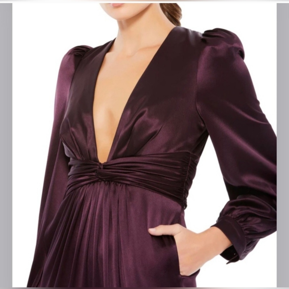 Mac Duggal Elegant Deep Purple/ Plum Plunge Neckline Satin Long Sleeve Jumpsuit - Picture 4 of 16